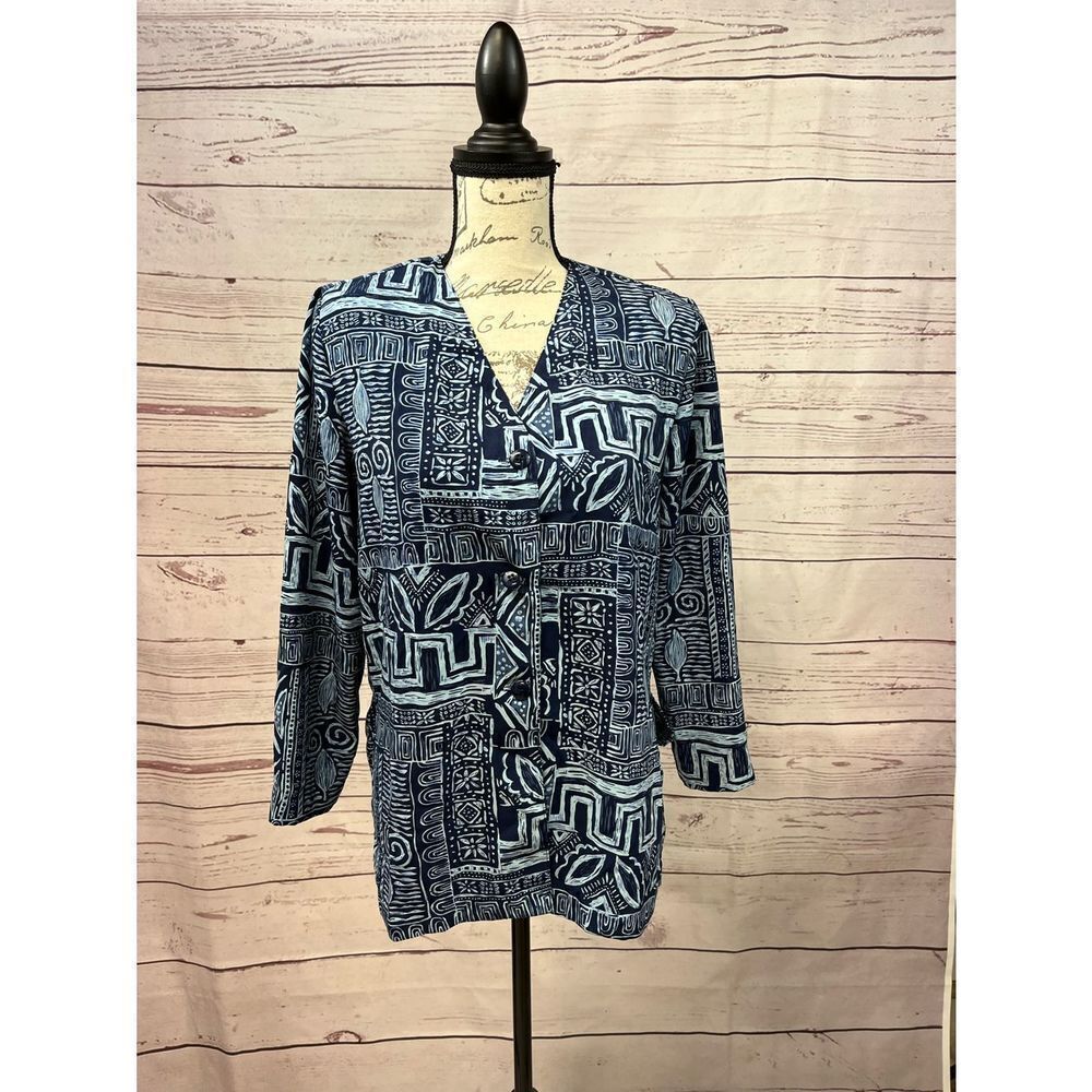 Briggs New York Petite Navy Blue White Abstract Geometric Tribal Blazer Jacket S